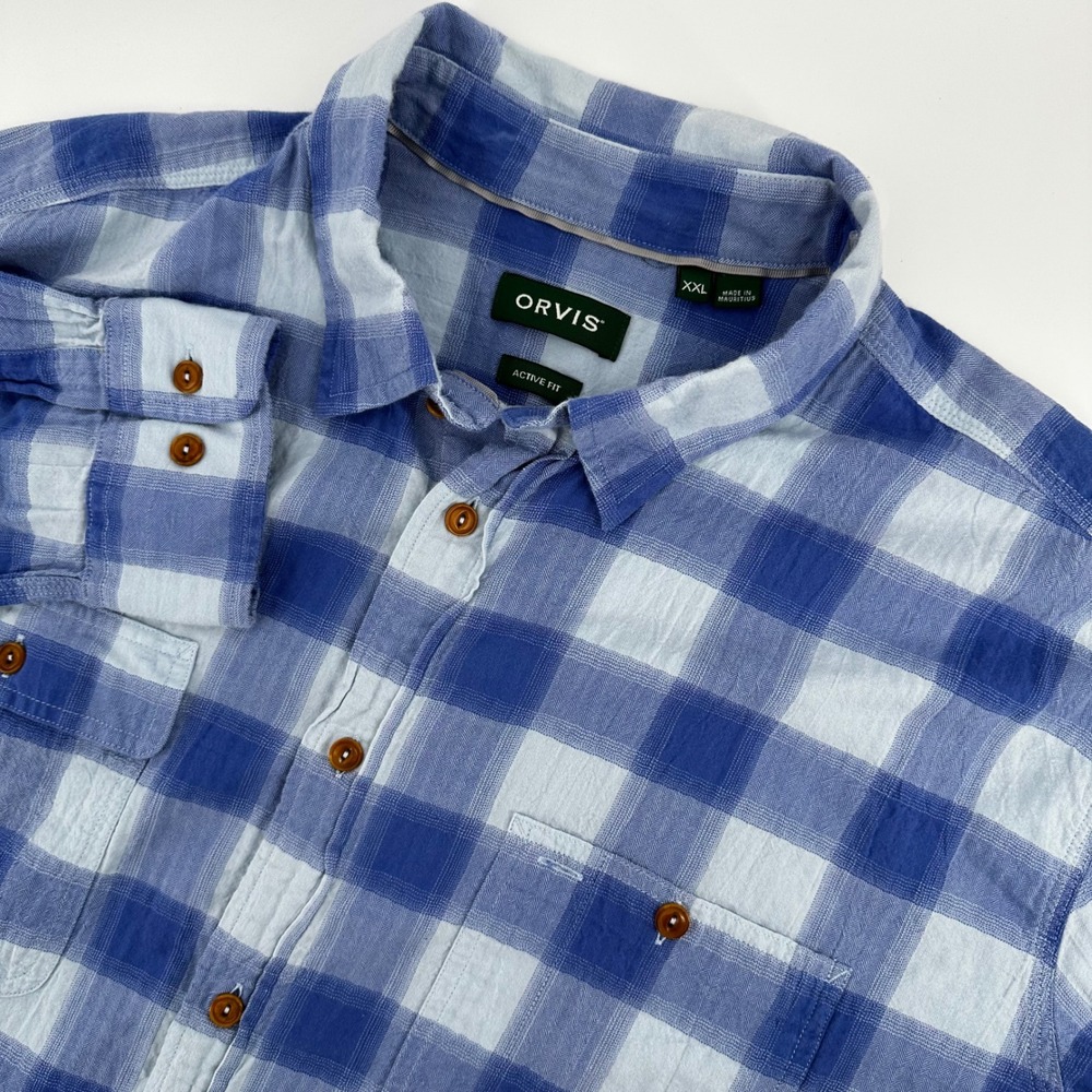 Orvis Button Down Shirt Mens XXL Blue Plaid Active Fit Long Sleeve Herringbone